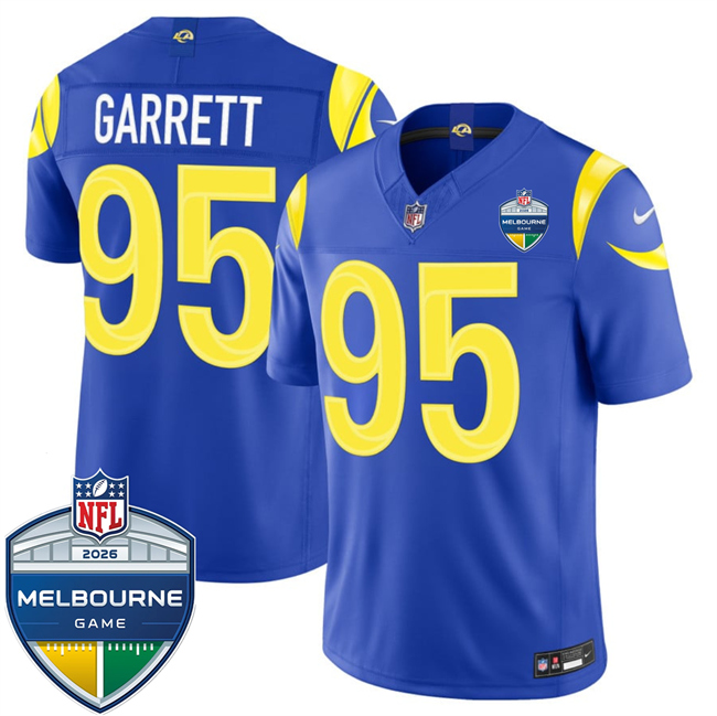 Men's Royal Los Angeles Rams #95 Myles Garrett 2026 F.U.S.E. Melbourne Game Patch Vapor Limited Stitched Football Jersey